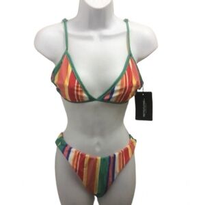 PRETTYLITTLETHING MULTI STRIPE V FRONT BRAZILIAN BIKINI/ ITSY BITSY TOP •16• NWT